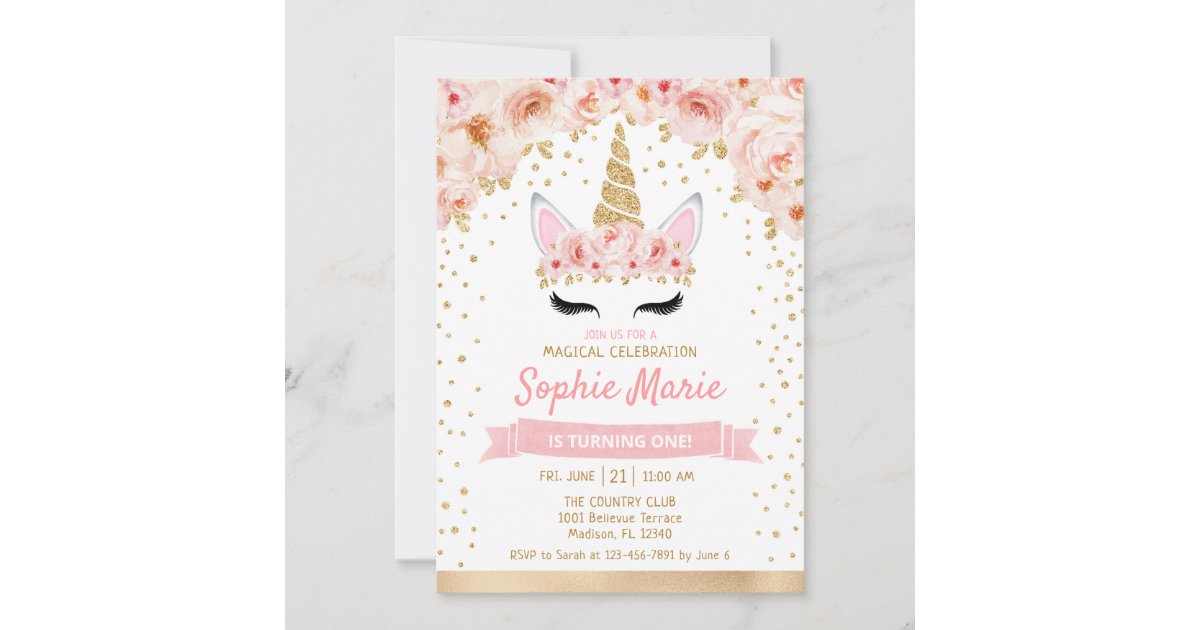 Unicorn 1st Birthday - Gold Pink Invitation | Zazzle