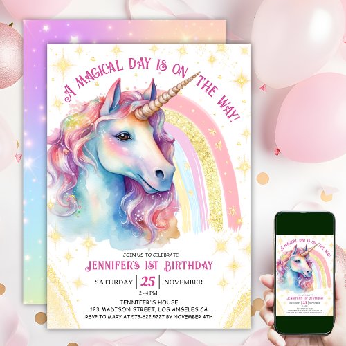 Unicorn 1st Birthday Gold Pink Magical Rainbow  Invitation