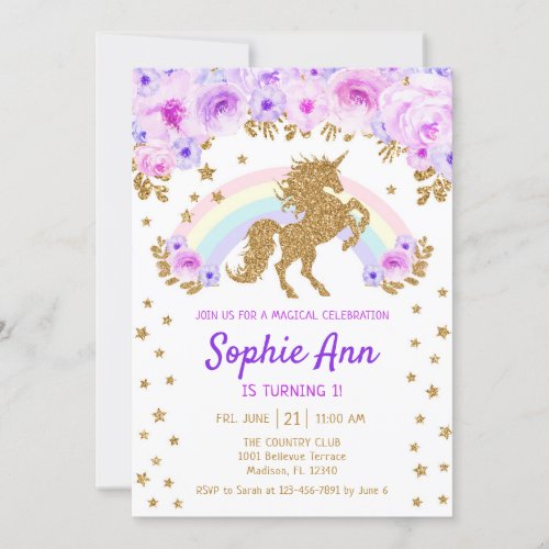 Unicorn 1st Birthday _ Gold Purple Invitation