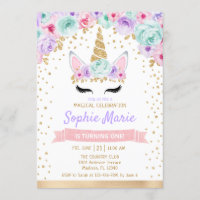 Unicorn 1st Birthday - Gold Teal Pink Purple Invitation