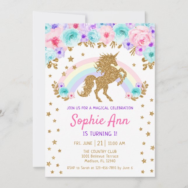 Unicorn 1st Birthday - Gold Teal Purple Pink Invitation (Front)