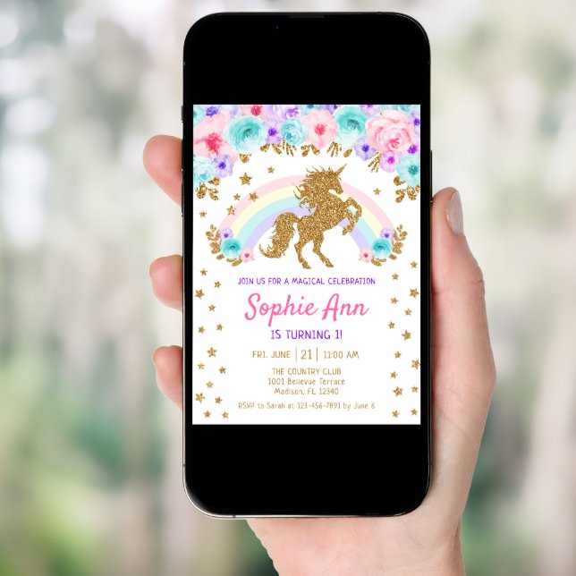 Unicorn 1st Birthday - Gold Teal Purple Pink Invitation (Front Digital)