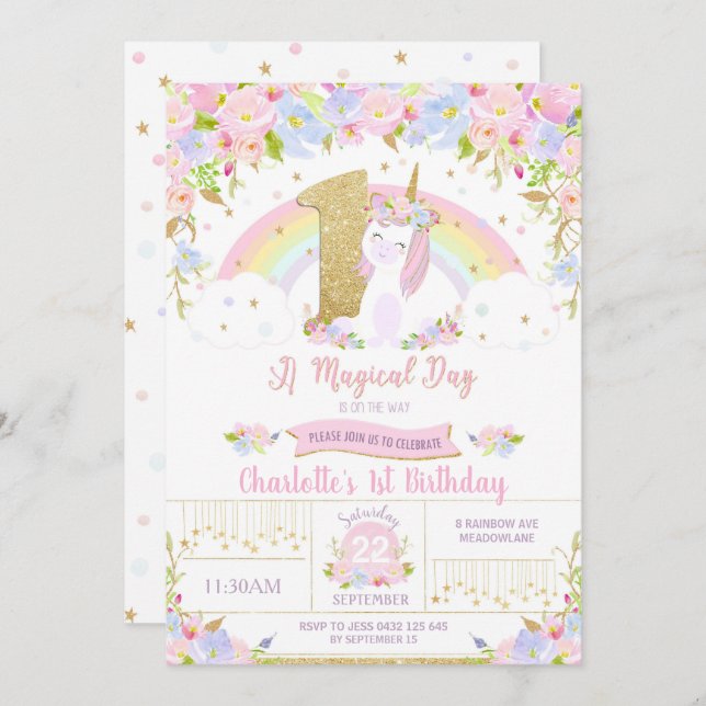 Unicorn 1st Birthday Invitation Floral Rainbow (Front/Back)