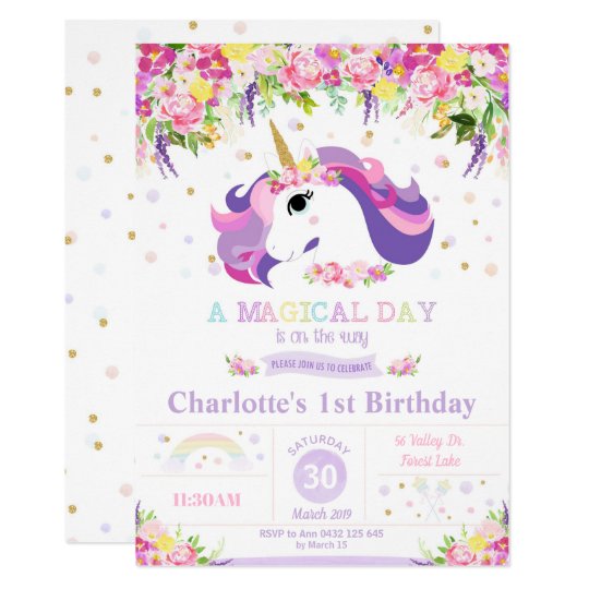 Unicorn 1st Birthday Invitation Floral Rainbow | Zazzle.com