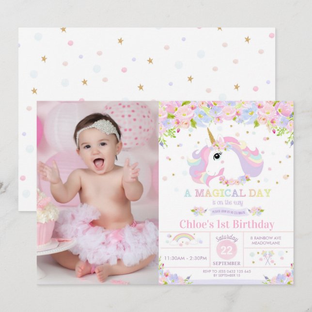 Unicorn 1st Birthday Invitation Floral Rainbow (Front/Back)