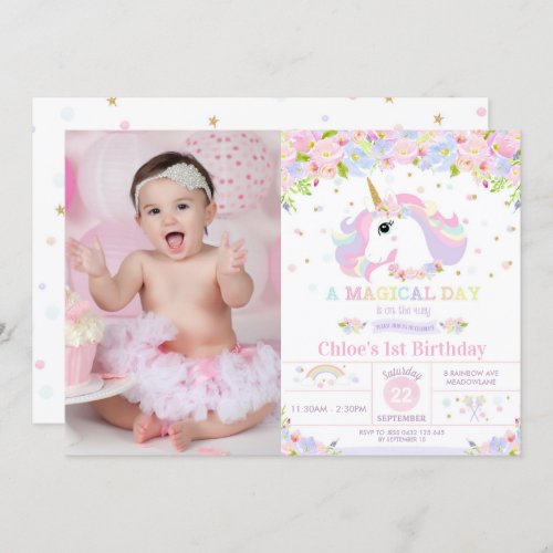 Unicorn 1st Birthday Invitation Floral Rainbow