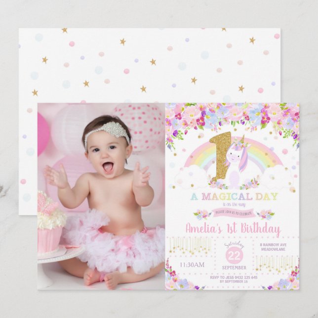 Unicorn 1st Birthday Invitation Floral Rainbow (Front/Back)