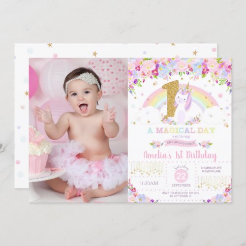 Unicorn 1st Birthday Invitation Floral Rainbow