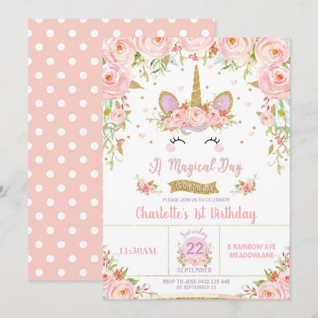 Unicorn 1st Birthday Invitation Floral Whimsical (Front/Back)