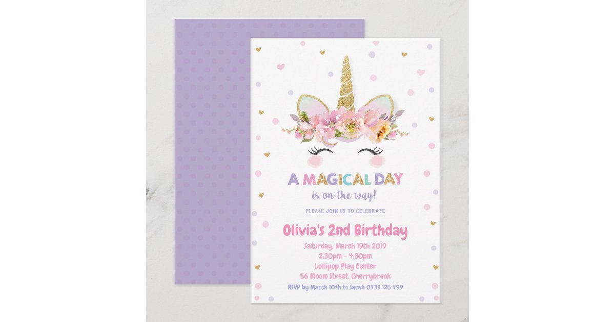 Unicorn 1st Birthday Invitation Girls Gold Glitter | Zazzle