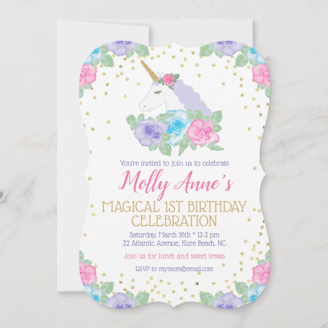 Unicorn 1st Birthday Invitation in Pink and Gold (Front)