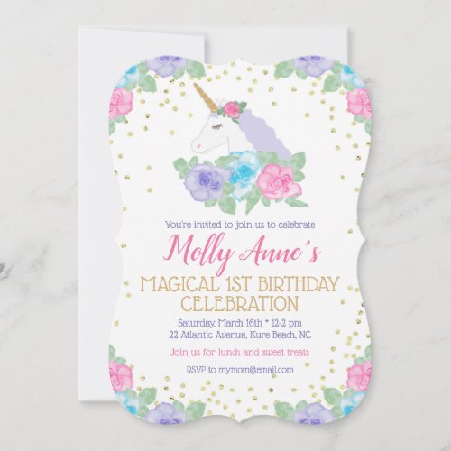 Unicorn 1st Birthday Invitation in Pink and Gold