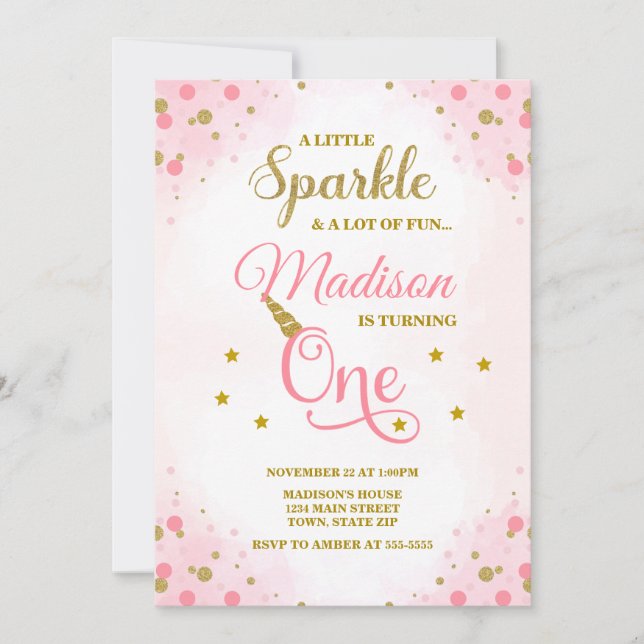 Unicorn 1st Birthday Invitation, Pink & Gold Invitation (Front)