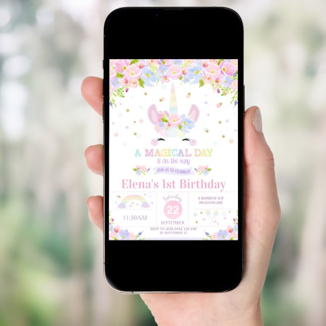 Unicorn 1st Birthday Invitation Rainbow Floral (Front Digital)
