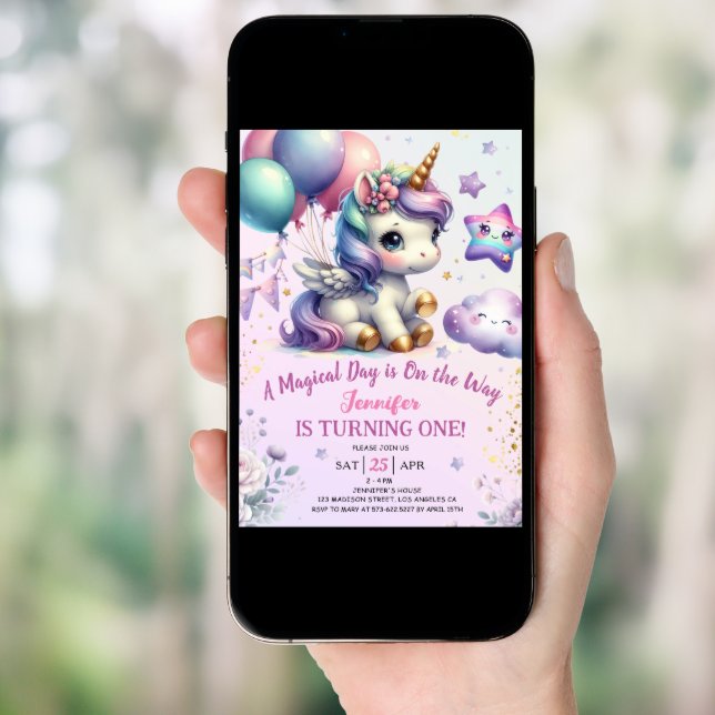 Unicorn 1st Birthday Invite Girl Purple & Gold  (Front Digital)