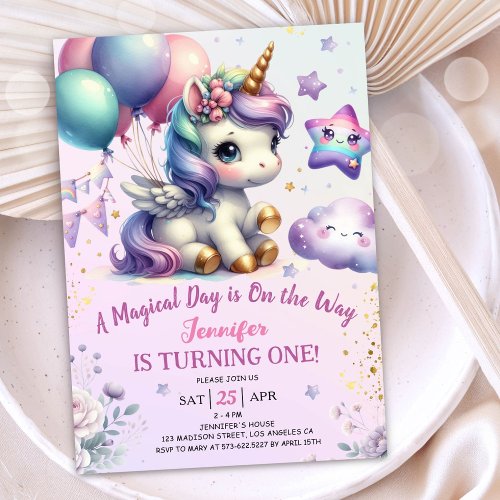 Unicorn 1st Birthday Invite Girl Purple  Gold 