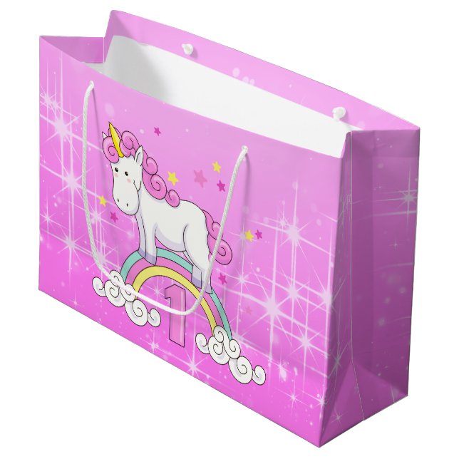 Unicorn 1st Birthday Large Gift Bag (Front Angled)