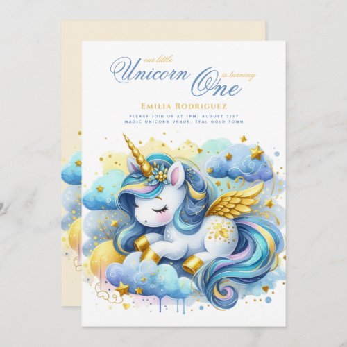 Unicorn 1st Birthday or EDIT AGE Teal Gold Invitation