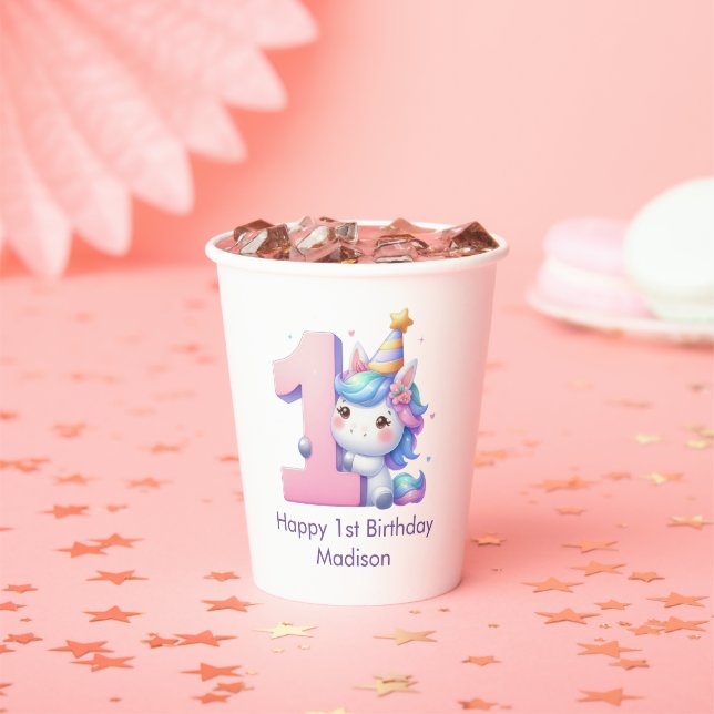 Unicorn 1st Birthday Party Girls Pink Purple Blue Paper Cups (Insitu)