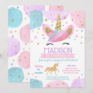 Unicorn 1st Birthday Party Invitations Rainbow