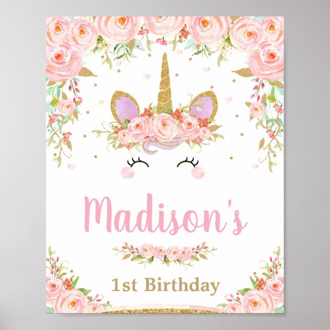 Unicorn 1st Birthday Party Pink Floral Welcome Poster (Front)