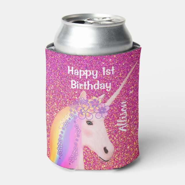 Unicorn 1st Birthday Party Pink Glitter Monogram Can Cooler (Can Front)