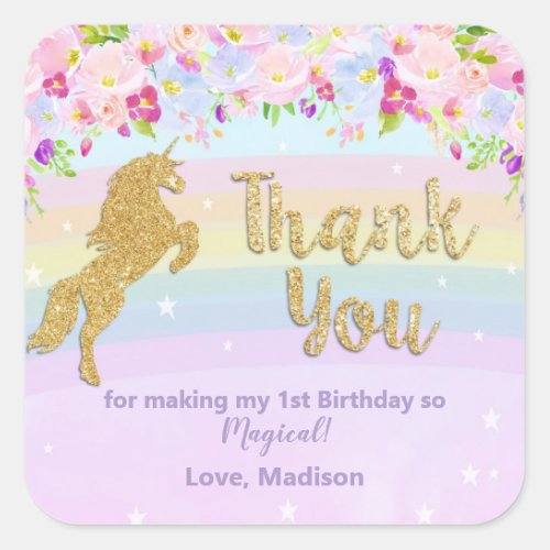 Unicorn 1st Birthday Party Thank You Favor Square Sticker