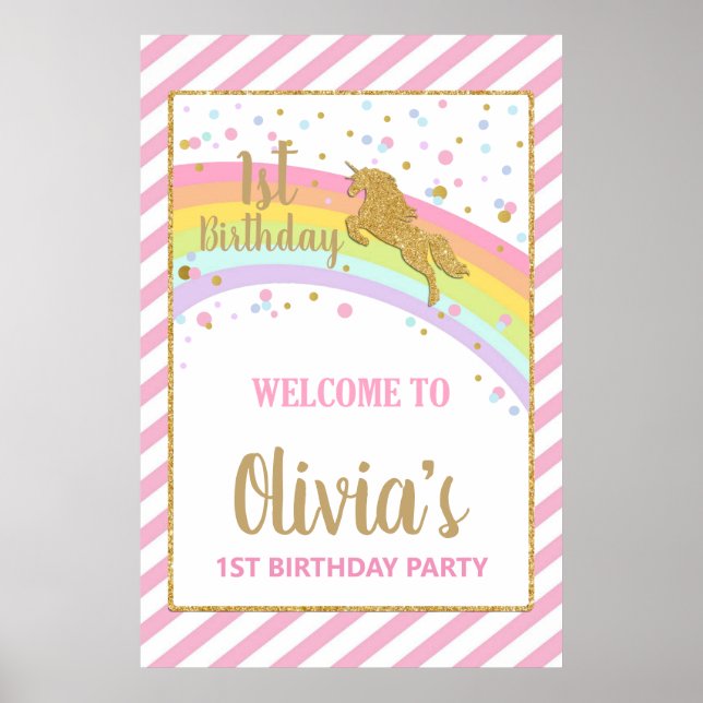 Unicorn 1st Birthday Party Welcome Backdrop Banner Poster (Front)