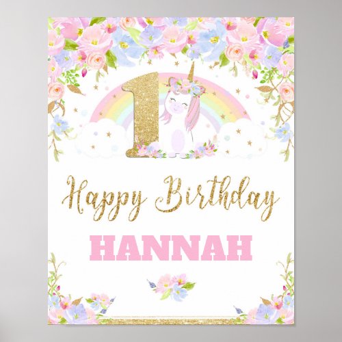 Unicorn 1st Birthday Party Welcome Poster Sign