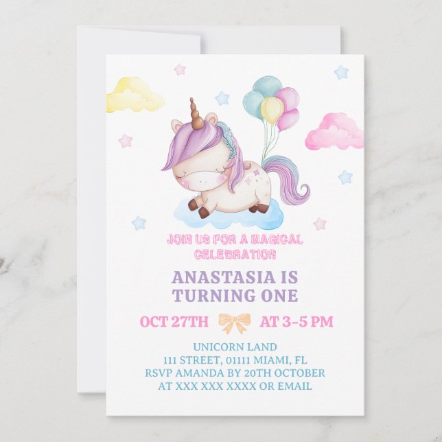 Unicorn 1st Birthday Pastel Colors Invitation (Front)