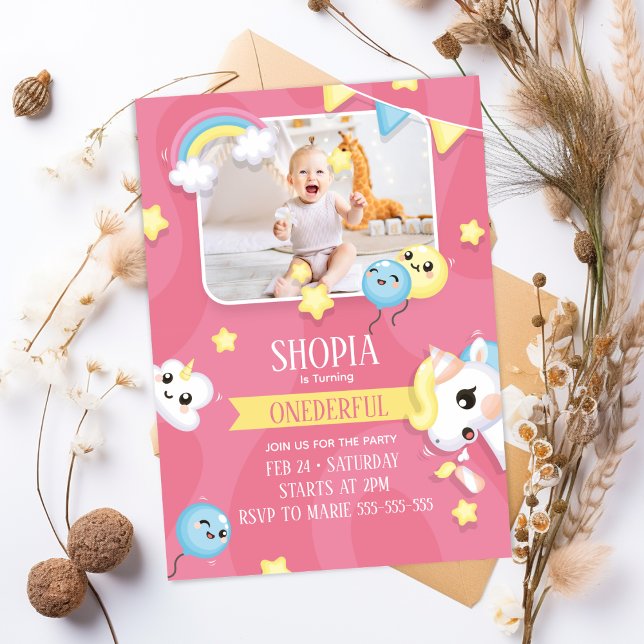 Unicorn 1st Birthday Photo Invitation (Creator Uploaded)