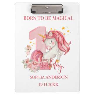 Unicorn 1st Birthday Pink Custom Clipboard