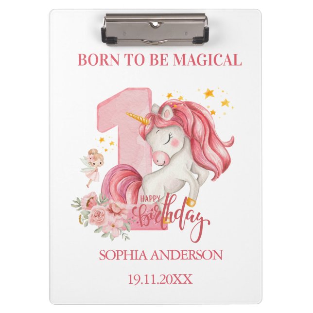 Unicorn 1st Birthday Pink Custom Clipboard (Front)