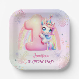 Unicorn 1st Birthday Pink Girl Cute Paper Napkin Plates