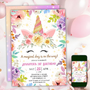 Unicorn 1st Birthday Pink Girl Floral Rainbow Invitation