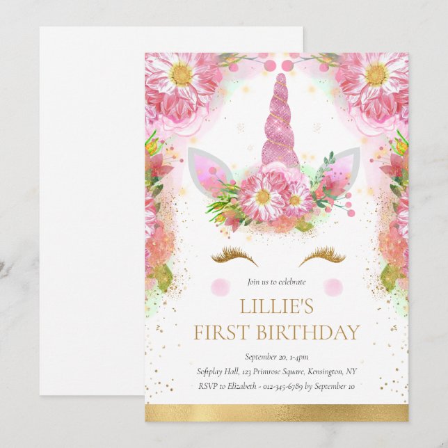 Unicorn 1st Birthday Pink Gold Glitter  Invitation (Front/Back)
