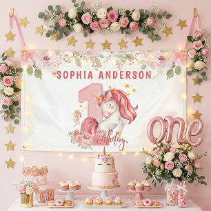 Unicorn 1st Birthday Pink Little Girl Banner