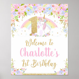 Unicorn 1st Birthday Rainbow Welcome Poster Sign