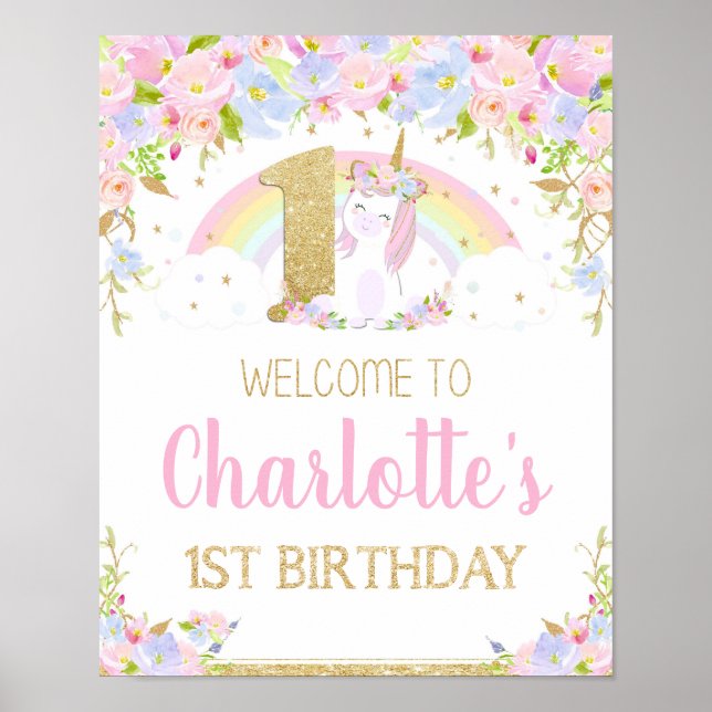 Unicorn 1st Birthday Rainbow Welcome Poster Sign (Front)