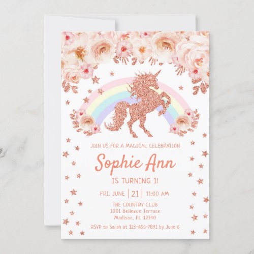 Unicorn 1st Birthday _ Rose Gold Pink Invitation