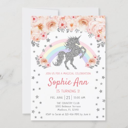 Unicorn 1st Birthday _ Silver  Pink Invitation