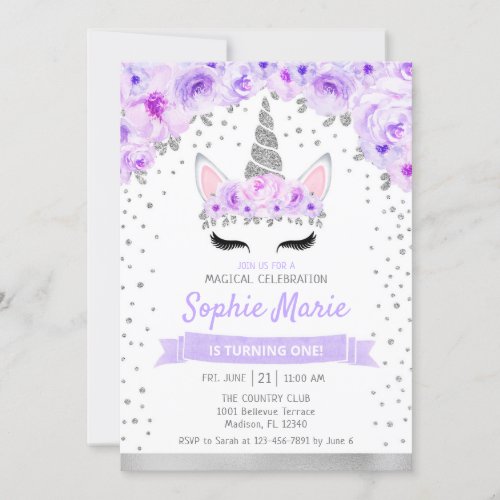 Unicorn 1st Birthday _ Silver Purple Invitation