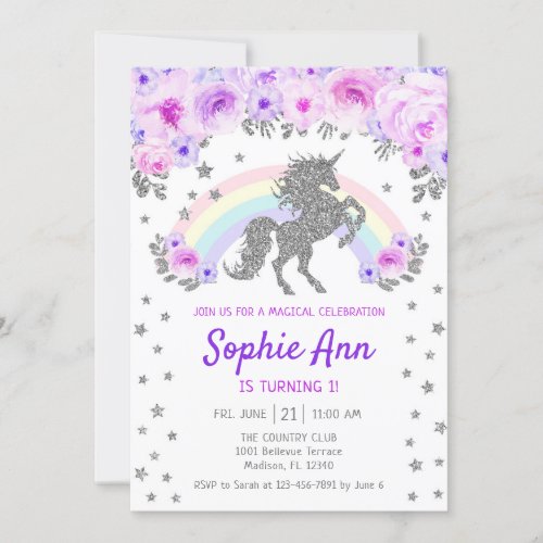 Unicorn 1st Birthday _ Silver  Purple Invitation