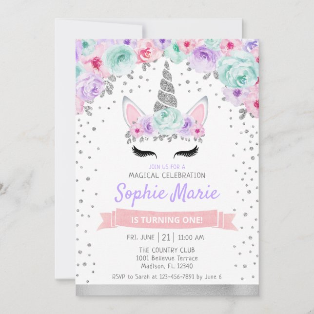 Unicorn 1st Birthday - Silver Purple Teal Pink Invitation (Front)