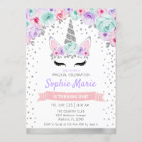 Unicorn 1st Birthday - Silver Purple Teal Pink Invitation