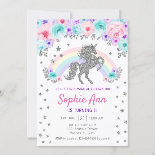 Unicorn 1st Birthday _ Silver Teal Purple Pink Invitation