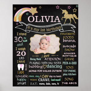 Unicorn 1st First Birthday chalkboard sign poster