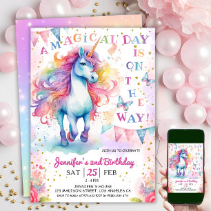 Unicorn 2nd Birthday Fairy Floral Rainbow & Stars Invitation