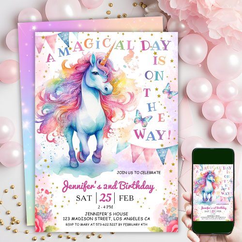 Unicorn 2nd Birthday Fairy Floral Rainbow  Stars  Invitation
