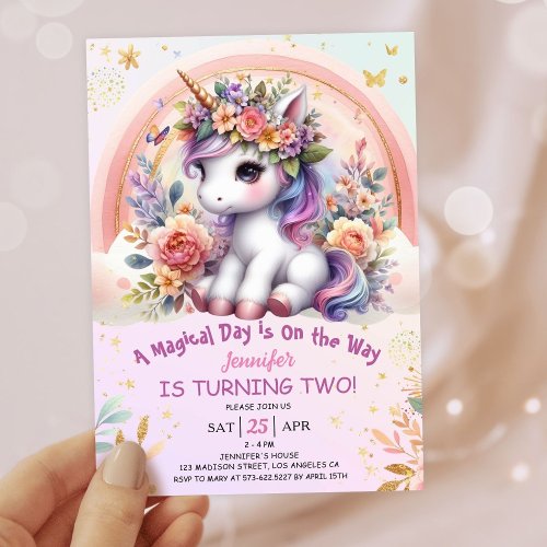 Unicorn 2nd Birthday Girl Pink Floral Rainbow Invitation
